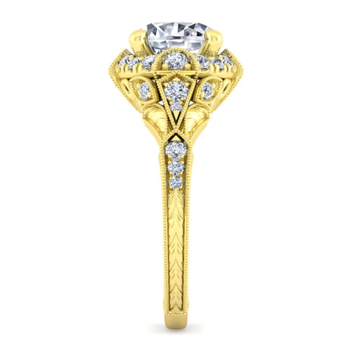 Unique 14K Yellow Gold Vintage Inspired Diamond Halo Engagement Ring