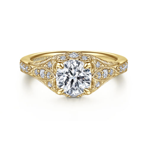 Unique 14K Yellow Gold Vintage Inspired Diamond Halo Engagement Ring