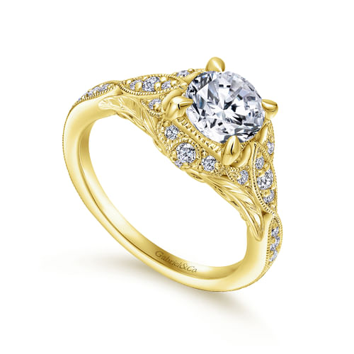 Unique 14K Yellow Gold Vintage Inspired Diamond Halo Engagement Ring