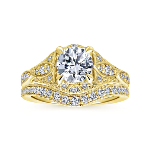 Unique 14K Yellow Gold Vintage Inspired Diamond Halo Engagement Ring