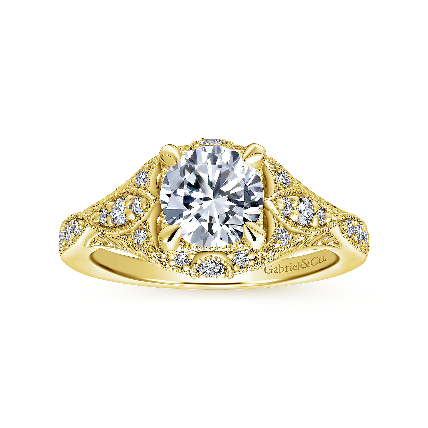 Unique 14K Yellow Gold Vintage Inspired Diamond Halo Engagement Ring