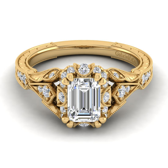 Gabriel - Unique 14K Yellow Gold Vintage Inspired Emerald Cut Diamond Halo Engagement Ring