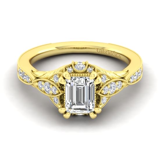 Gabriel - Unique 14K Yellow Gold Vintage Inspired Emerald Cut Diamond Halo Engagement Ring