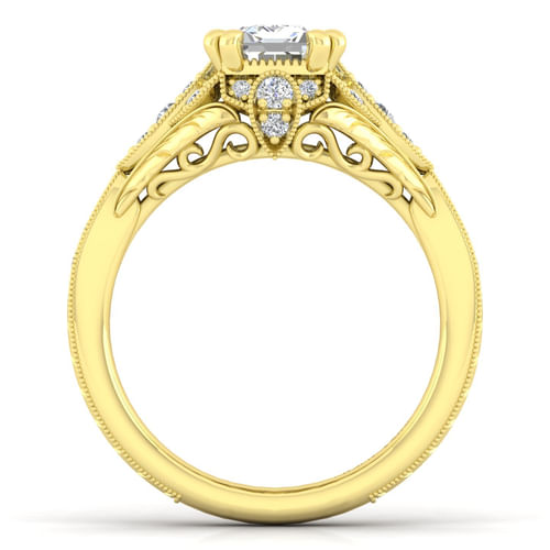 Unique 14K Yellow Gold Vintage Inspired Emerald Cut Diamond Halo Engagement Ring