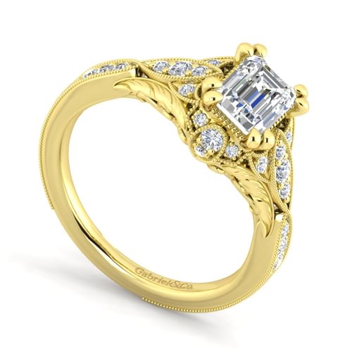 Unique 14K Yellow Gold Vintage Inspired Emerald Cut Diamond Halo Engagement Ring