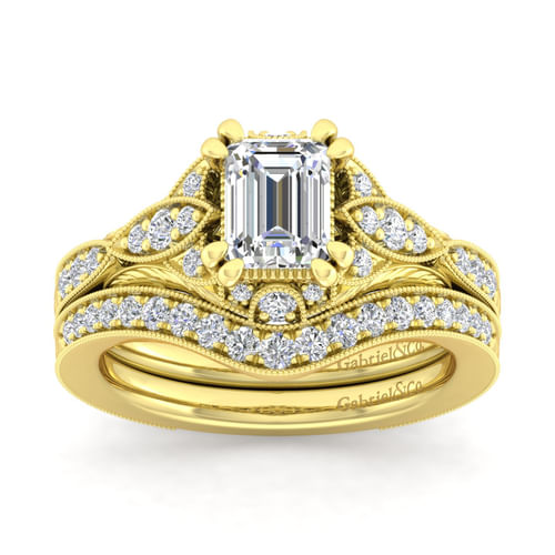 Unique 14K Yellow Gold Vintage Inspired Emerald Cut Diamond Halo Engagement Ring