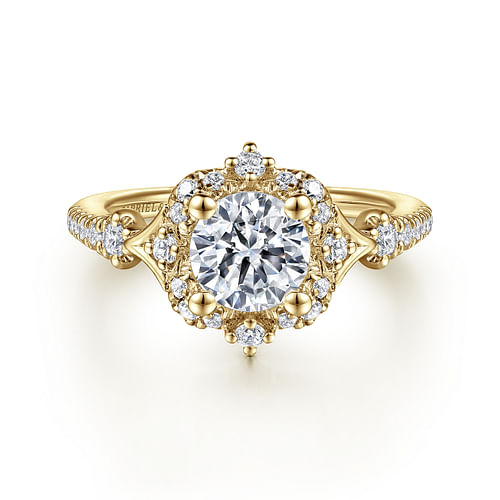 Unique 14K Yellow Gold Vintage Inspired Halo Diamond Engagement Ring