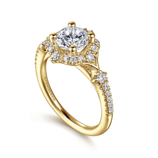 Unique 14K Yellow Gold Vintage Inspired Halo Diamond Engagement Ring angle 3