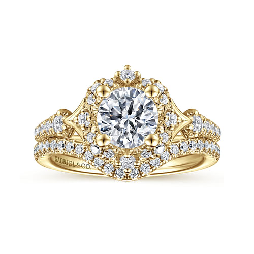 Unique 14K Yellow Gold Vintage Inspired Halo Diamond Engagement Ring