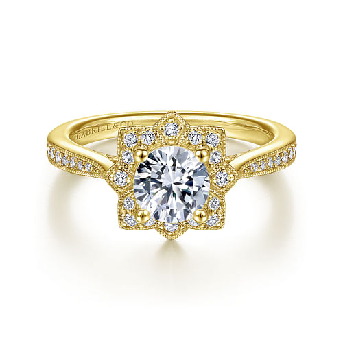 Unique 14K Yellow Gold Vintage Inspired Halo Diamond Engagement Ring