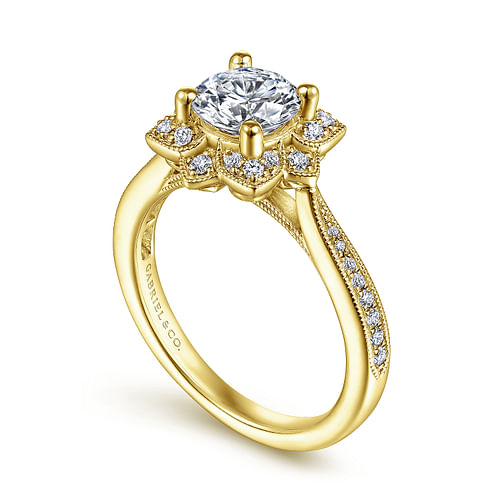 Unique 14K Yellow Gold Vintage Inspired Halo Diamond Engagement Ring