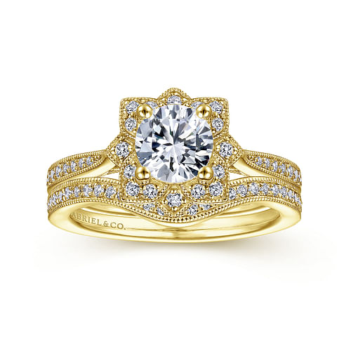 Unique 14K Yellow Gold Vintage Inspired Halo Diamond Engagement Ring