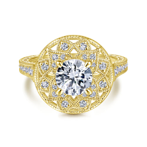 Unique 14K Yellow Gold Vintage Inspired Halo Diamond Engagement Ring