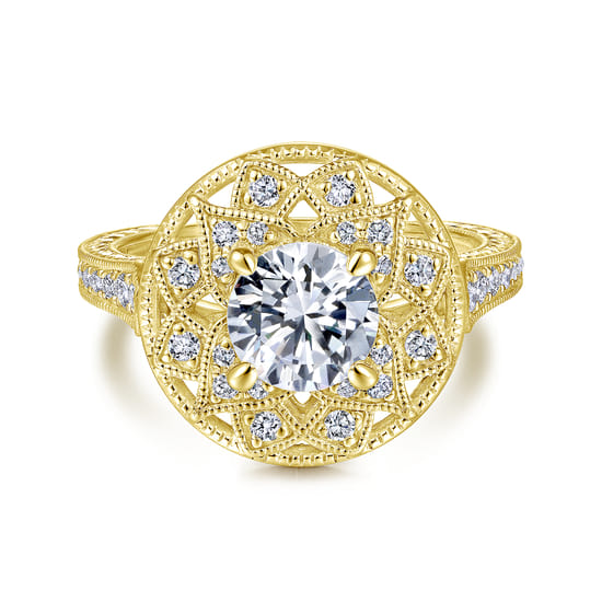 Gabriel - Unique 14K Yellow Gold Vintage Inspired Halo Diamond Engagement Ring