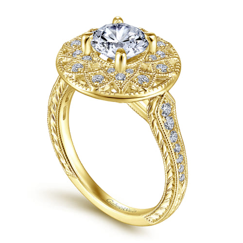 Unique 14K Yellow Gold Vintage Inspired Halo Diamond Engagement Ring