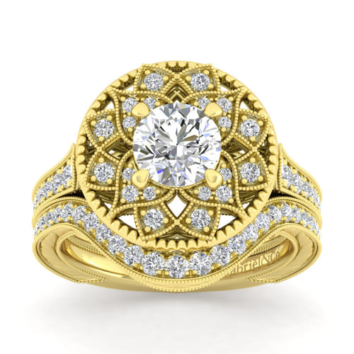Unique 14K Yellow Gold Vintage Inspired Halo Diamond Engagement Ring