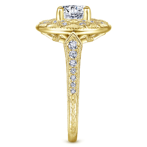 Unique 14K Yellow Gold Vintage Inspired Halo Diamond Engagement Ring