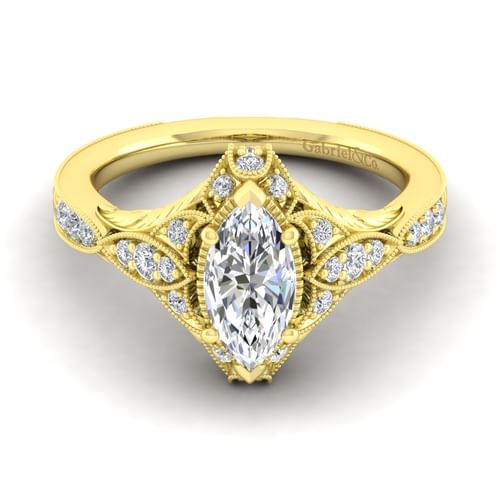 Unique 14K Yellow Gold Vintage Inspired Marquise Shape Diamond Halo Engagement Ring