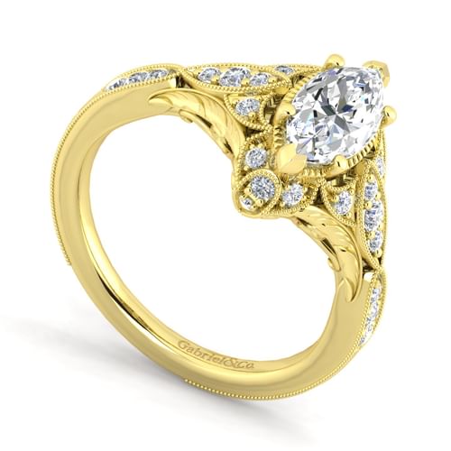 Unique 14K Yellow Gold Vintage Inspired Marquise Shape Diamond Halo Engagement Ring