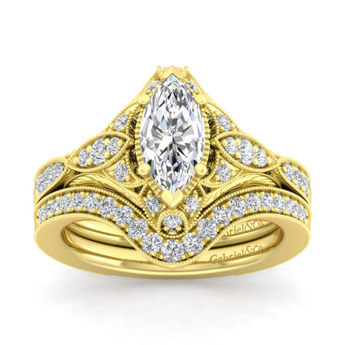 Unique 14K Yellow Gold Vintage Inspired Marquise Shape Diamond Halo Engagement Ring
