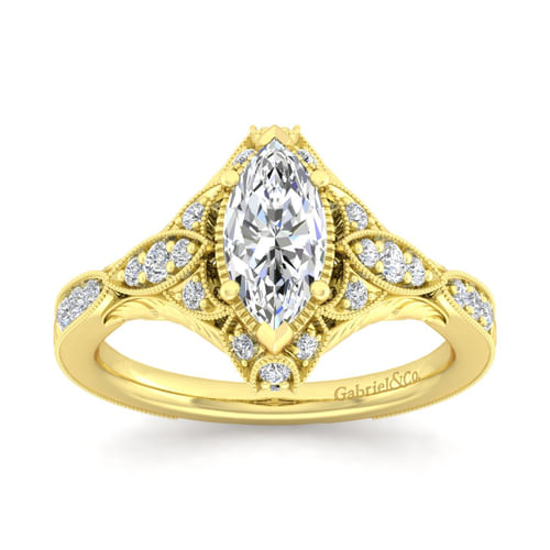 Unique 14K Yellow Gold Vintage Inspired Marquise Shape Diamond Halo Engagement Ring