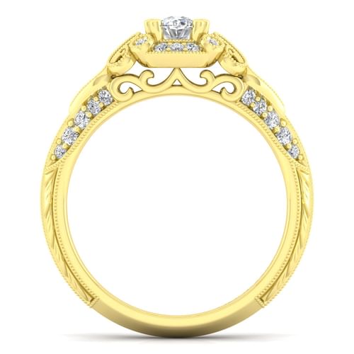 Unique 14K Yellow Gold Vintage Inspired Oval Diamond Halo Engagement Ring