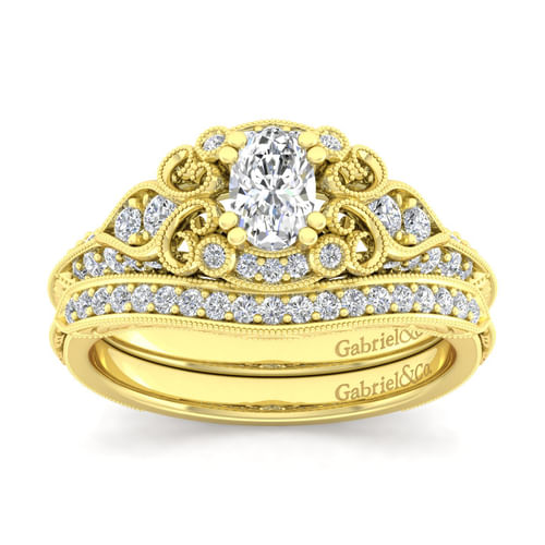 Unique 14K Yellow Gold Vintage Inspired Oval Diamond Halo Engagement Ring
