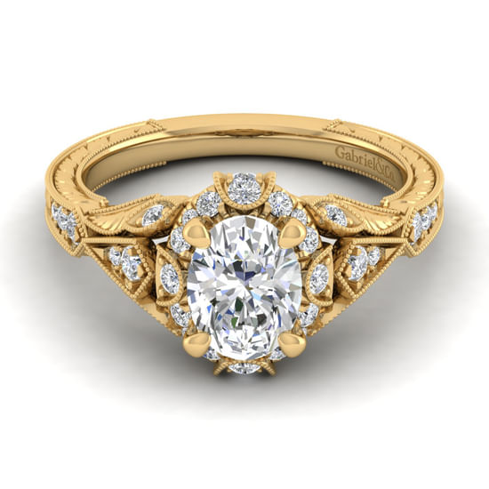 Gabriel - Unique 14K Yellow Gold Vintage Inspired Oval Halo Diamond Engagement Ring