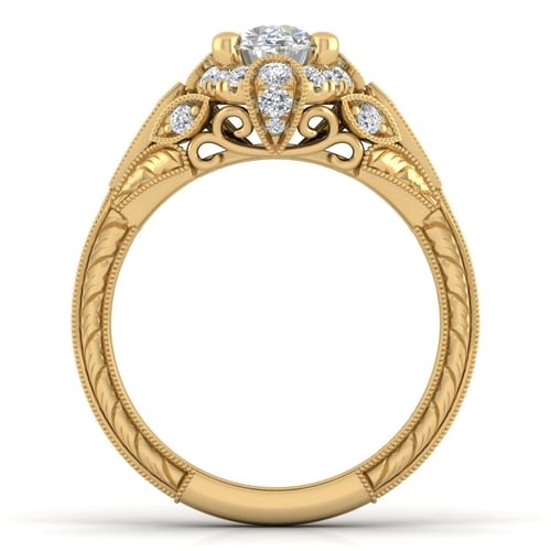 Unique 14K Yellow Gold Vintage Inspired Oval Halo Diamond Engagement Ring
