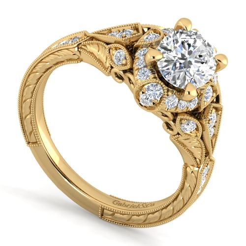 Unique 14K Yellow Gold Vintage Inspired Oval Halo Diamond Engagement Ring