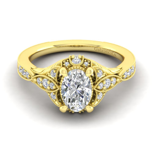 Unique 14K Yellow Gold Vintage Inspired Oval Halo Diamond Engagement Ring