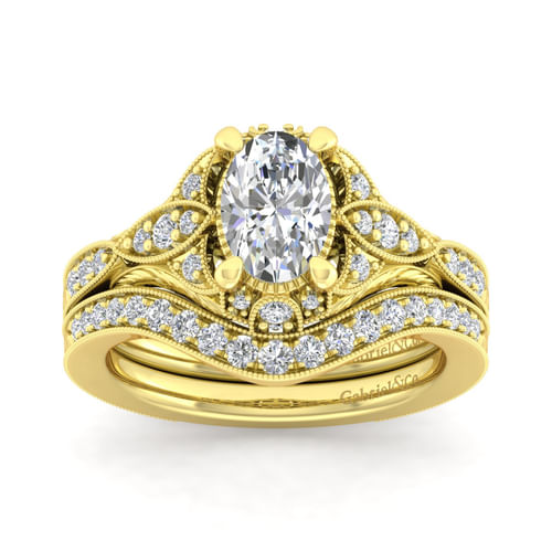 Unique 14K Yellow Gold Vintage Inspired Oval Halo Diamond Engagement Ring