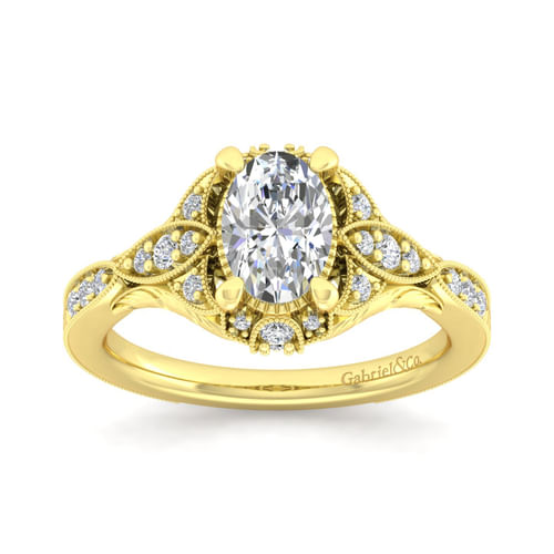 Unique 14K Yellow Gold Vintage Inspired Oval Halo Diamond Engagement Ring