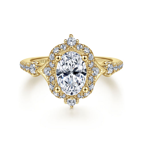 Unique 14K Yellow Gold Vintage Inspired Oval Halo Diamond Engagement Ring