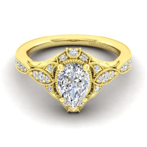 Unique 14K Yellow Gold Vintage Inspired Pear Shape Diamond Halo Engagement Ring