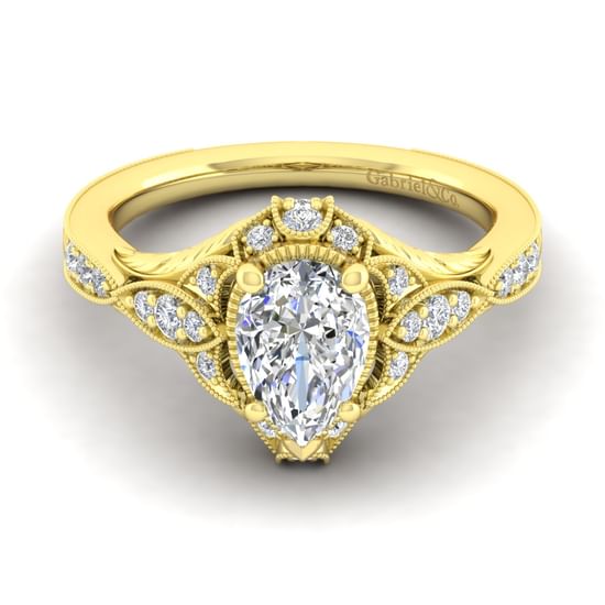 Gabriel - Unique 14K Yellow Gold Vintage Inspired Pear Shape Diamond Halo Engagement Ring