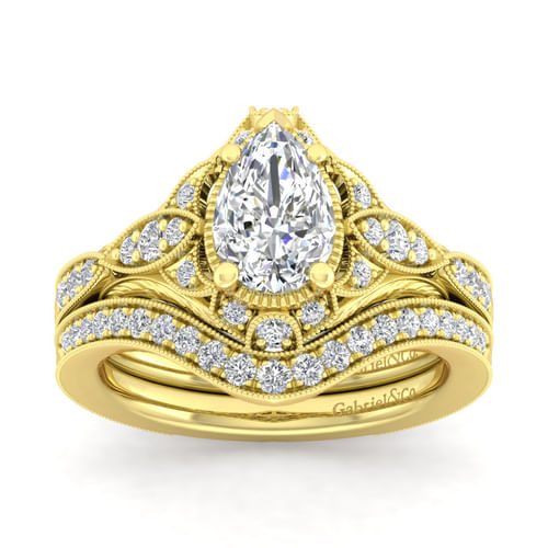 Unique 14K Yellow Gold Vintage Inspired Pear Shape Diamond Halo Engagement Ring