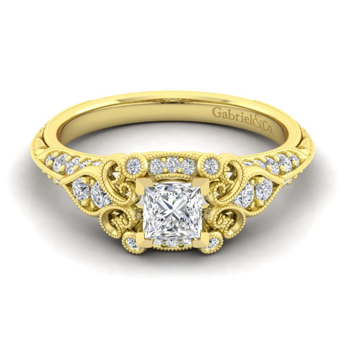 Unique 14K Yellow Gold Vintage Inspired Princess Halo Diamond Engagement Ring