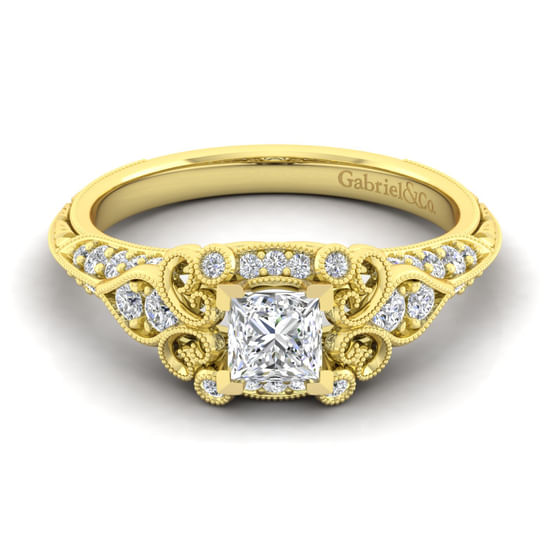 Gabriel - Unique 14K Yellow Gold Vintage Inspired Princess Halo Diamond Engagement Ring