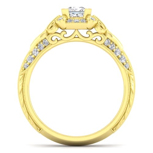 Unique 14K Yellow Gold Vintage Inspired Princess Halo Diamond Engagement Ring
