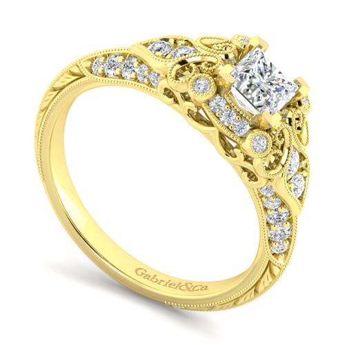Unique 14K Yellow Gold Vintage Inspired Princess Halo Diamond Engagement Ring