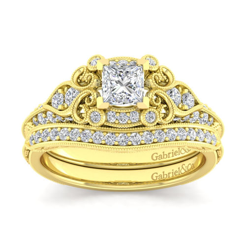 Unique 14K Yellow Gold Vintage Inspired Princess Halo Diamond Engagement Ring