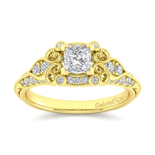 Unique 14K Yellow Gold Vintage Inspired Princess Halo Diamond Engagement Ring