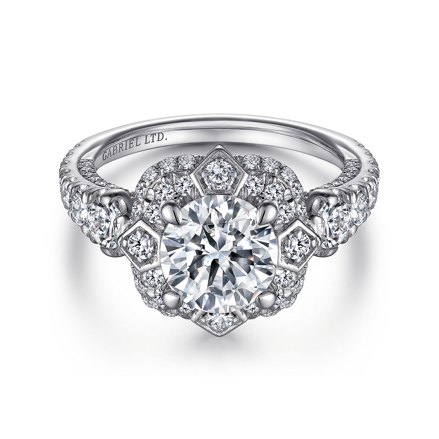 Gabriel - Unique 18K White Gold Art Deco Double Halo Diamond Engagement Ring