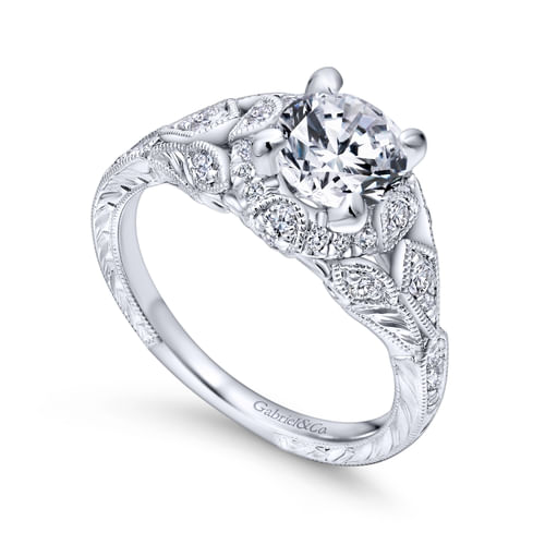 Unique 18K White Gold Vintage Inspired Halo Engagement Ring
