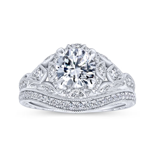 Unique 18K White Gold Vintage Inspired Halo Engagement Ring