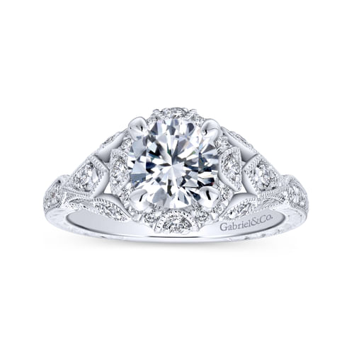 Unique 18K White Gold Vintage Inspired Halo Engagement Ring