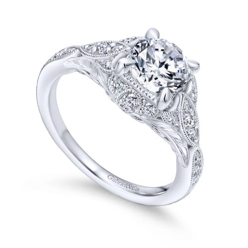 Unique 18K White Gold Vintage Inspired Halo Engagement Ring