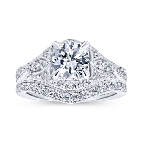 Unique 18K White Gold Vintage Inspired Halo Engagement Ring