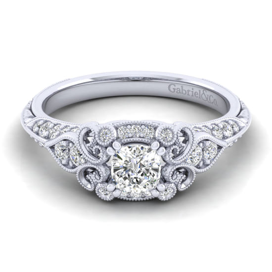 Gabriel - Unique Platinum Vintage Inspired Cushion Halo Diamond Engagement Ring